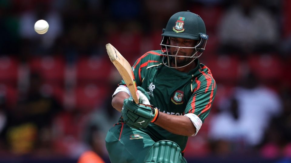Shakib Al Hasan is a bit out of shape as he fends one away