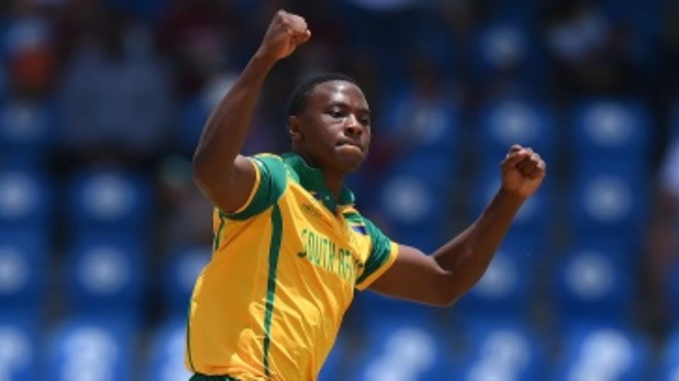Kagiso Rabada celebrates after sending back Phil Salt in his first over