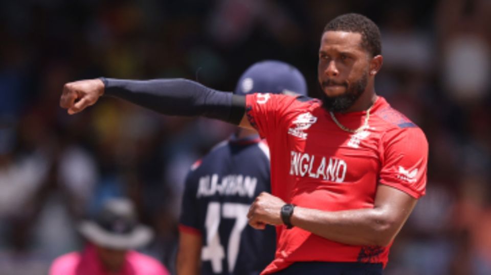 Chris Jordan celebrates the wicket of Ali Khan - his second strike in a four-wicket 19th over