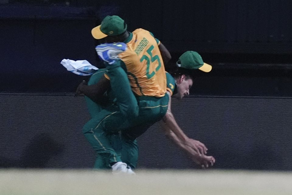 Kagiso Rabada collides with Marco Jansen in an attempt to catch Kyle Mayers out