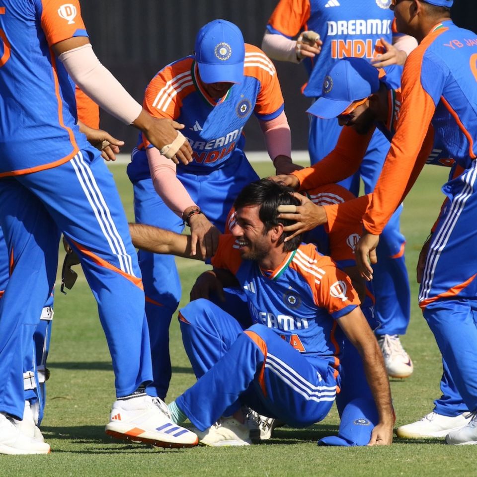 Ravi Bishnoi is mobbed after pulling off a stunning catch at point