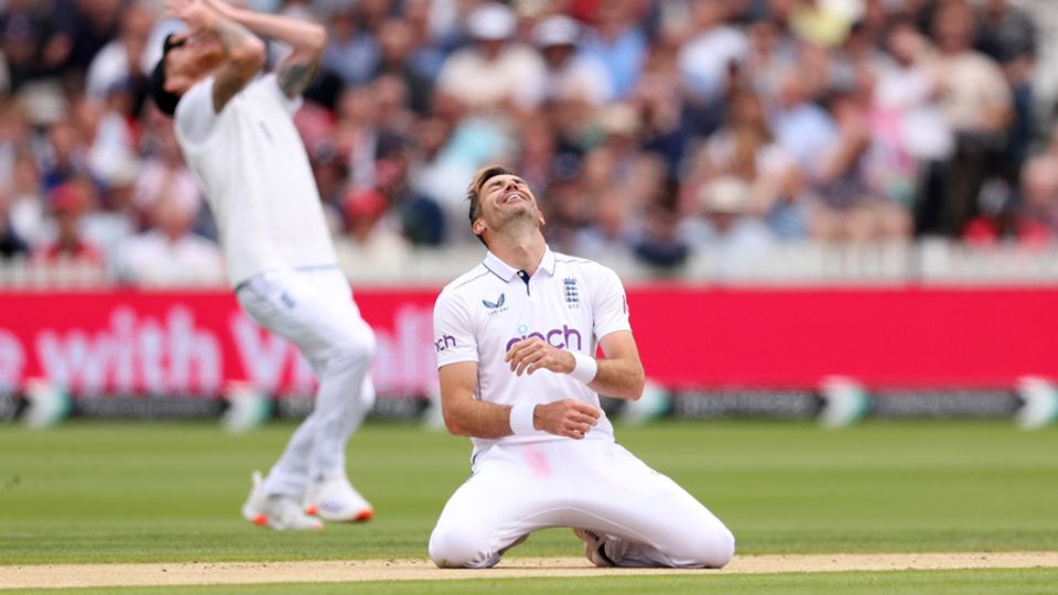 James Anderson can only laugh after dropping a caught-and-bowled chance