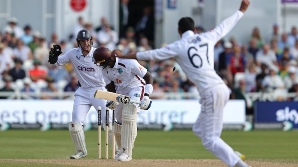 Shoaib Bashir bowled Jason Holder en route to his five-wicket haul, having already beaten him with arguably the best ball of his spell