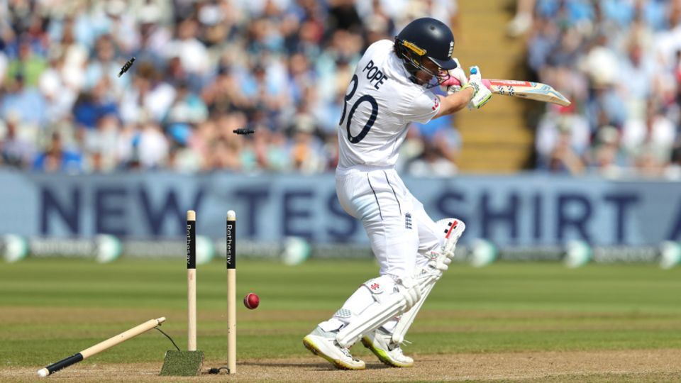 Shamar Joseph made a mess of Ollie Pope's stumps early in the day