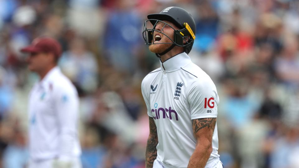 Ben Stokes grimaces after holing out off Alzarri Joseph
