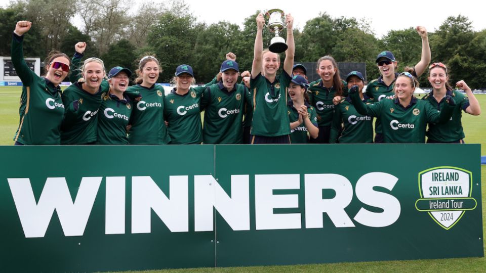 Ireland hold the trophy aloft after defeating Sri Lanka 2-1 in the ODI series