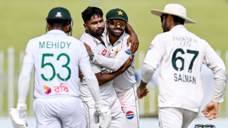 Khurram Shahzad caught Mehidy Hasan Miraz off his own bowling for his maiden Test five-for
