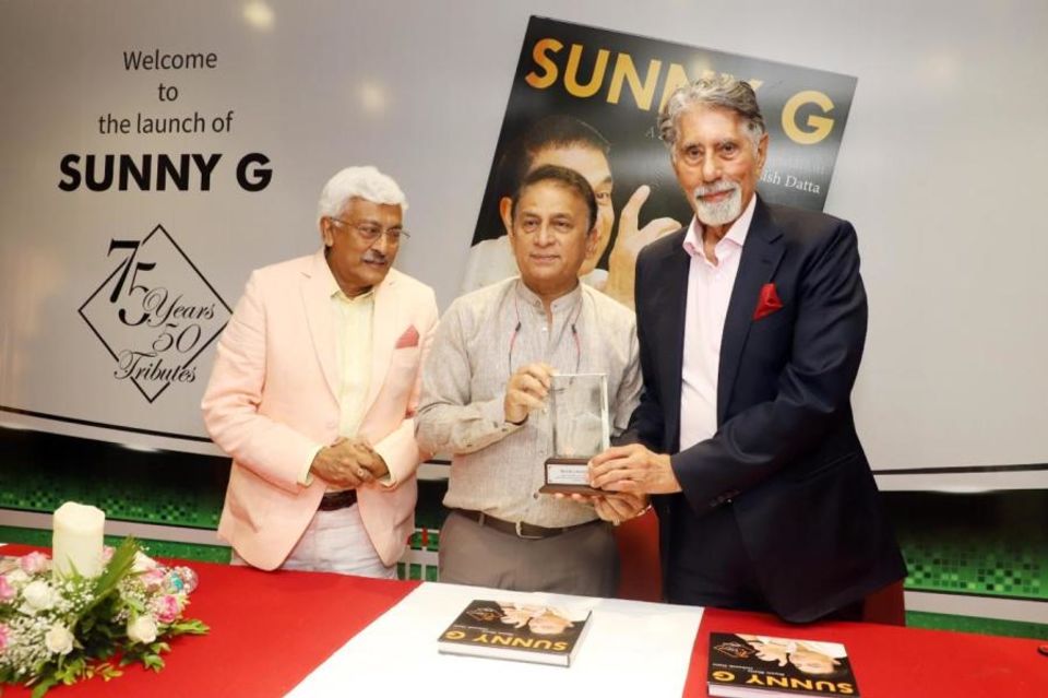75 years of Sunny days: Gavaskar (centre) at the book launch with journalists Debasish Datta (left) and Shyam Bhatia