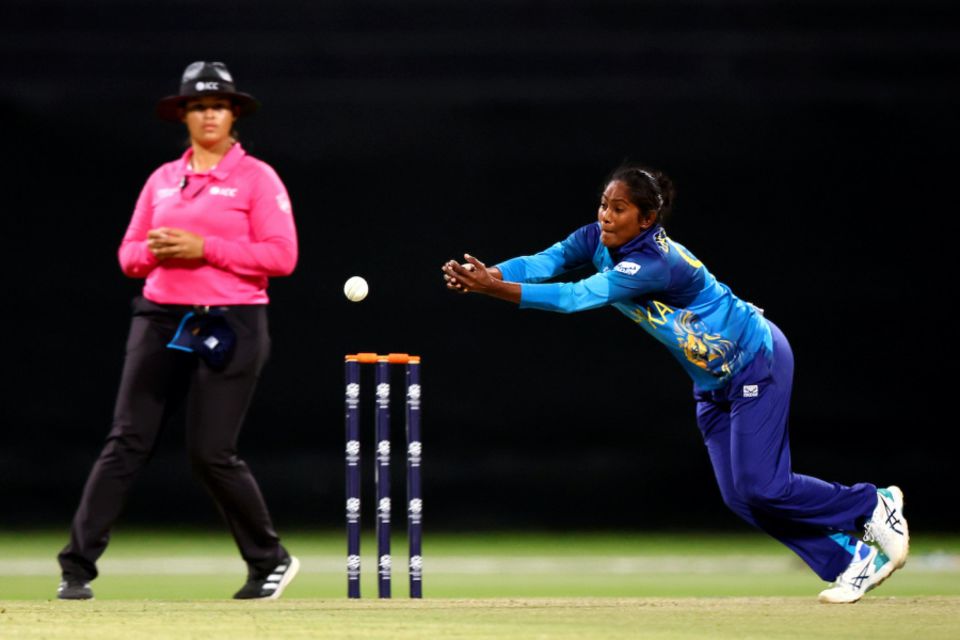 Sugandika Kumari drops a catch under lights in Abu Dhabi during the T20 World Cup Qualifier earlier this year
