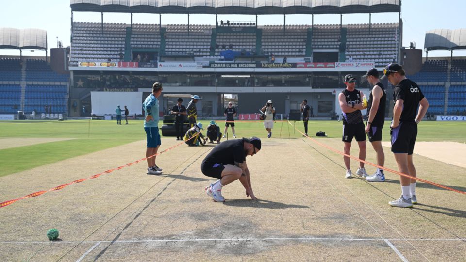 Brendon McCullum inspects the surface in Multan a day out from the start