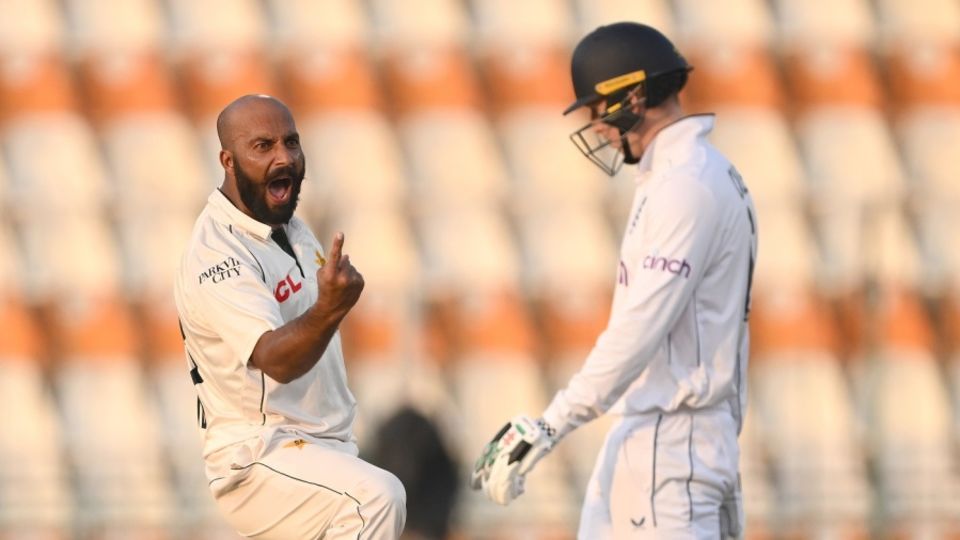 Sajid Khan celebrates the wicket of Ben Duckett