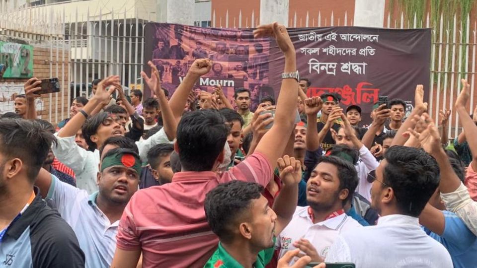 Shakib Al Hasan's fans show their support for the cricketer outside the Shere Bangla Stadium