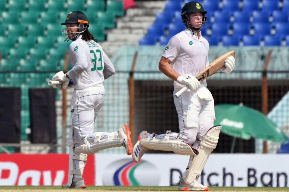 Tony de Zorzi (left) and Tristan Stubbs were two of three South Africa batters to score debut hundreds in the Chattogram Test last year