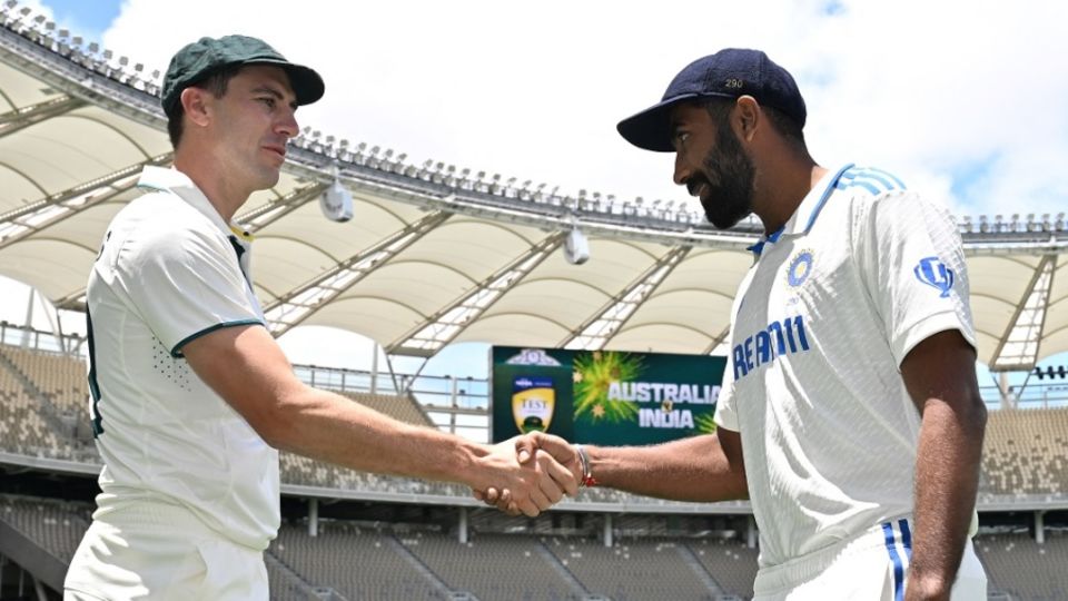Jasprit Bumrah and Pat Cummins with the customary handshake on the eve of the first Test