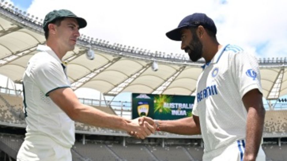 Jasprit Bumrah and Pat Cummins with the customary handshake on the eve of the first Test