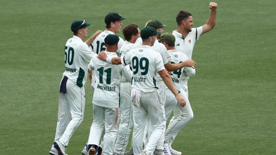 Tasmania celebrate their first Sheffield Shield win of the season