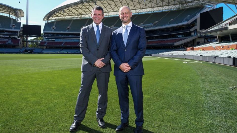 Cricket Australia chair Mike Baird (left) with newly appointed CEO Todd Greenberg (right) at Adelaide Oval