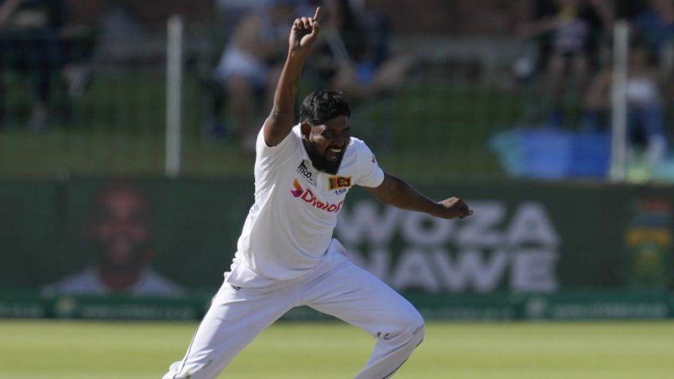 Prabath Jayasuriya celebrates one of his five wickets in the second dig