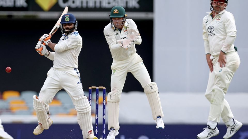 Ravindra Jadeja slaps the ball away during his half-century