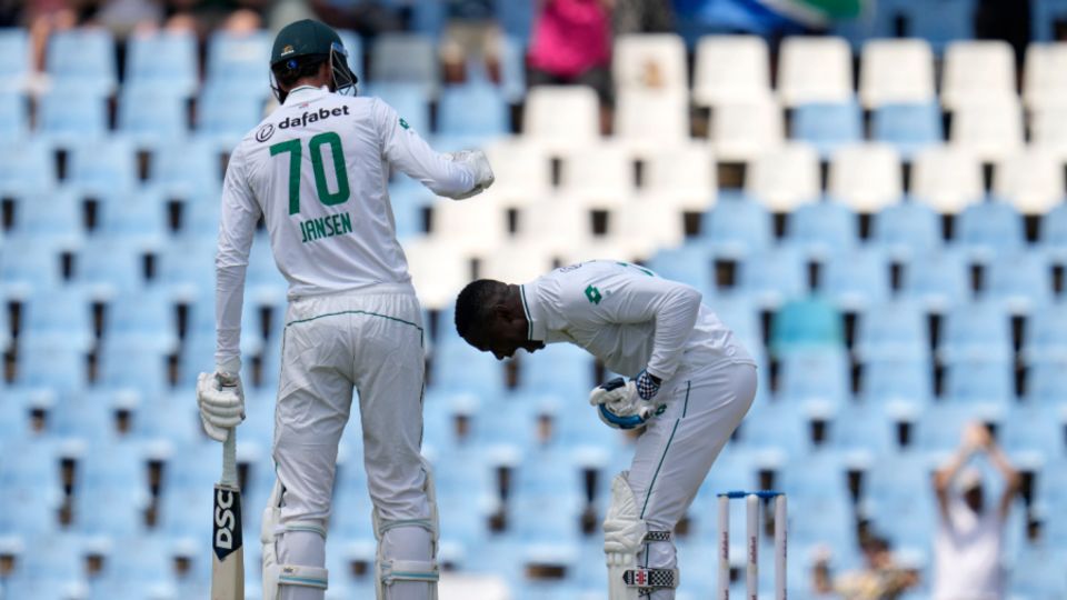 Kagiso Rabada roars in satisfaction after making 31 off 26 to take South Africa home