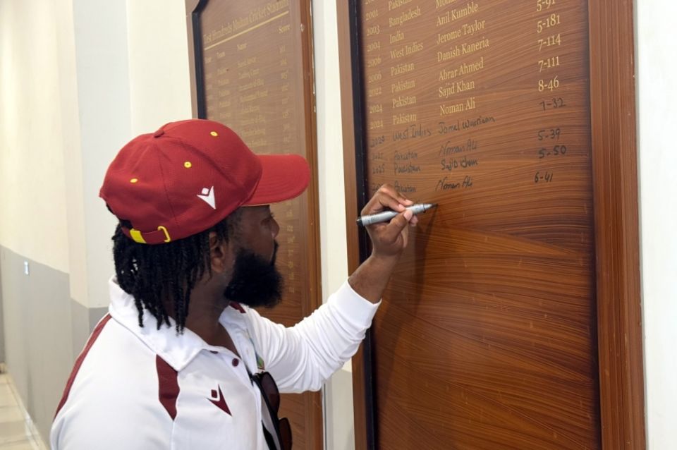 Super in the subcontinent: Warrican puts his name on the honours board in Multan in 2025, after taking 7 for 32 in the second innings