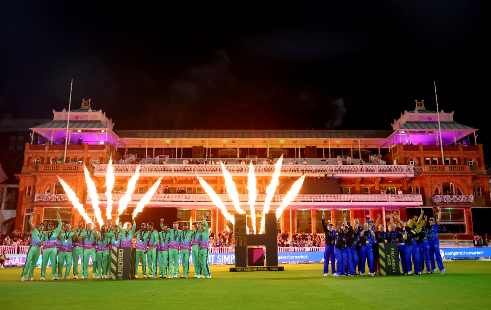 Oval Invincibles and London Spirit parade their trophies after the 2024 Hundred finals