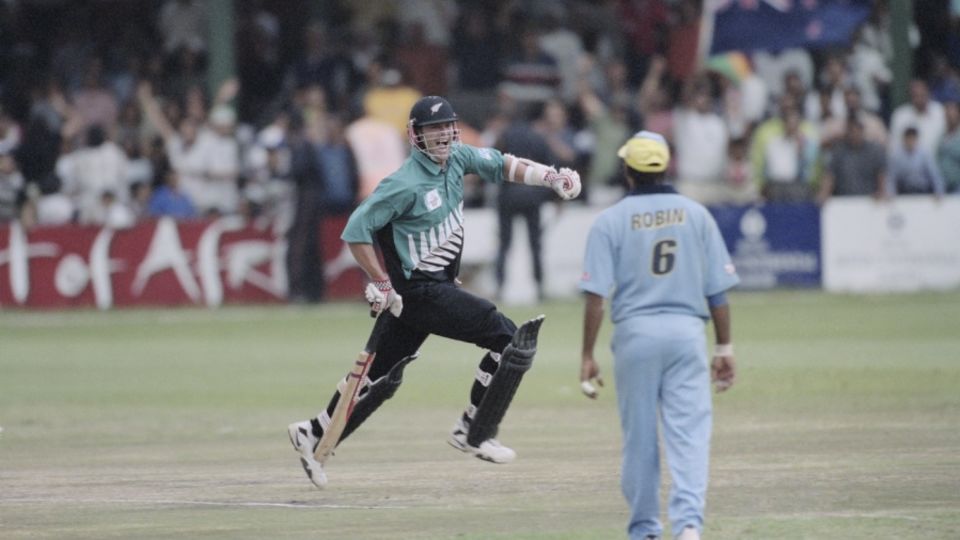 The indelible moment: Chris Cairns celebrates hitting the winning run