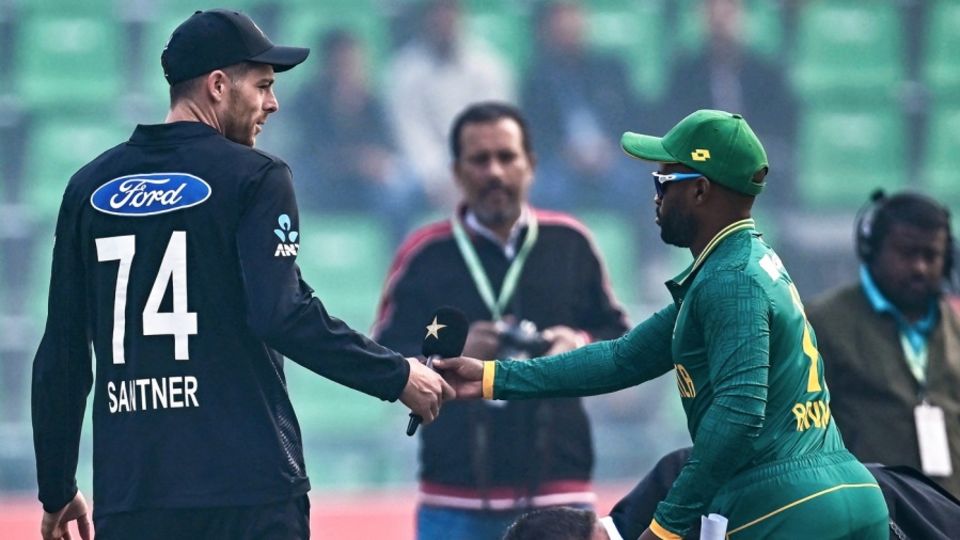 Mitchell Santner and Temba Bavuma shake hands