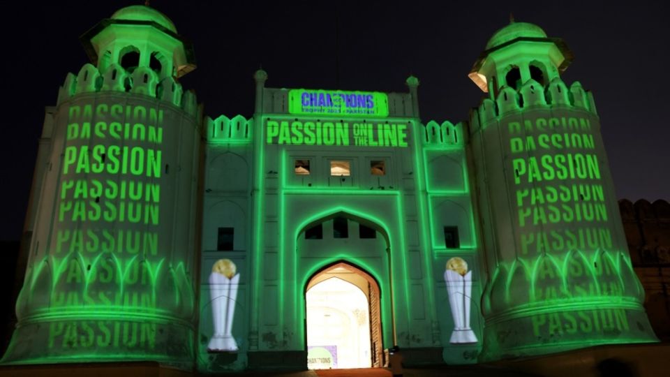 The Alamghiri Gate in Lahore lit up in the lead-up to the Champions Trophy