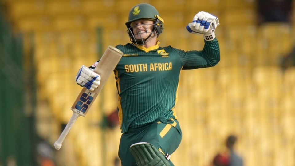Ryan Rickelton celebrates his maiden ODI ton