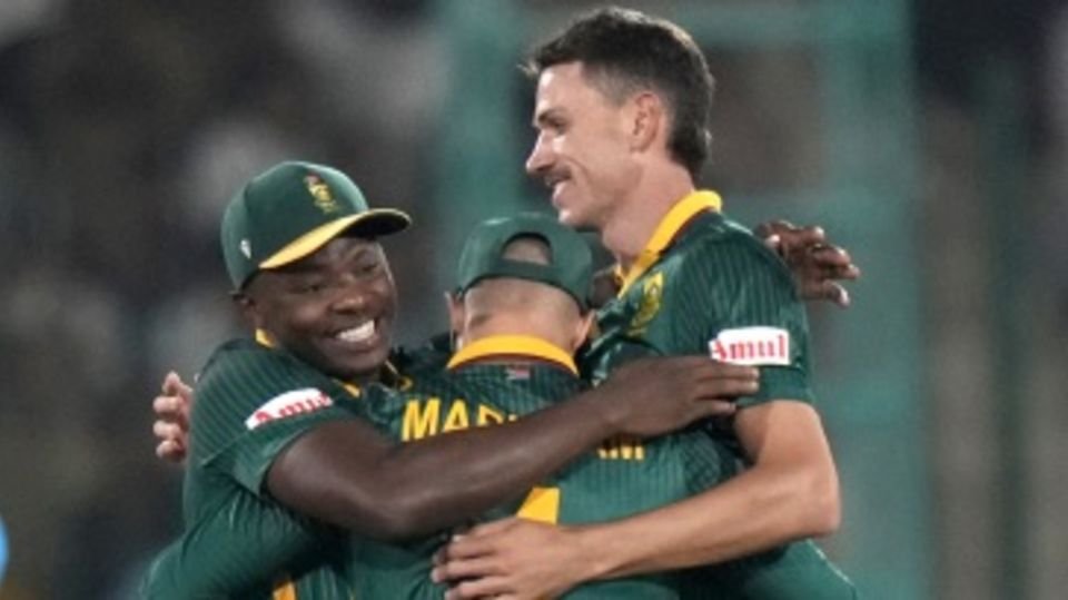 Marco Jansen, Kagiso Rabada and Aiden Markram celebrate a wicket
