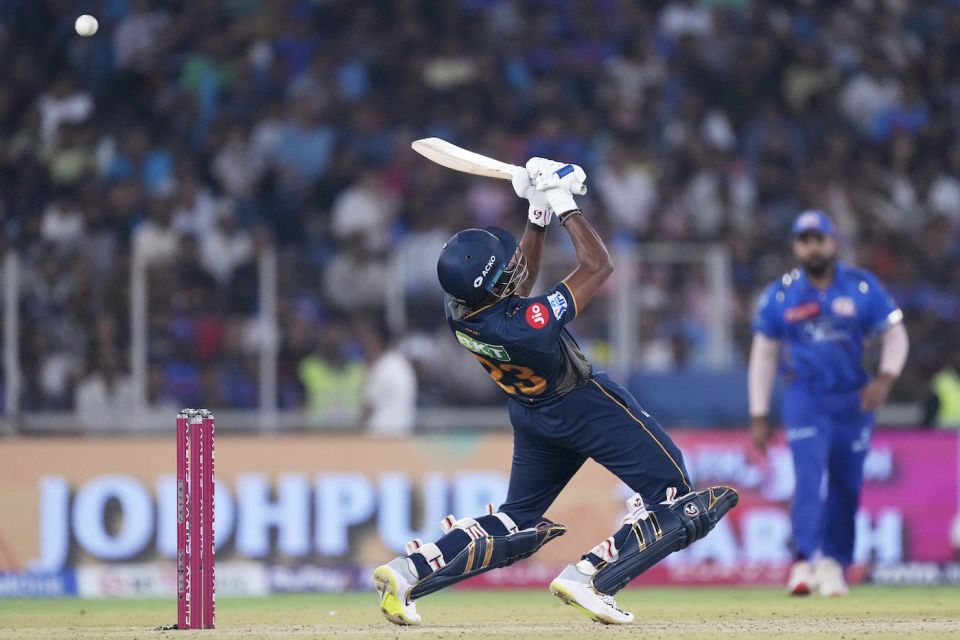 Sai Sudharsan goes up, over and behind