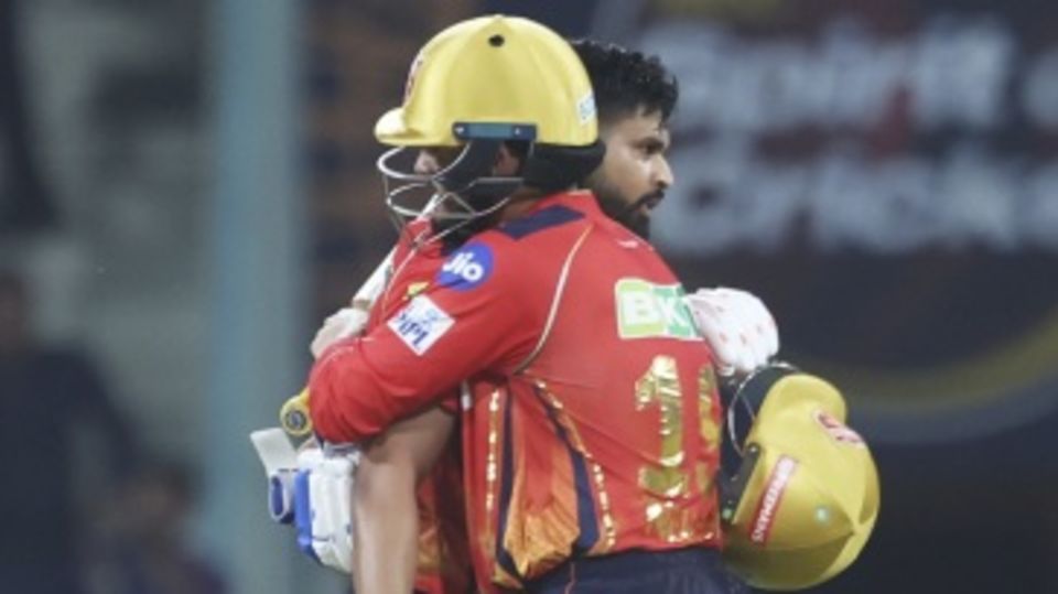 Shreyas Iyer and Nehal Wadhera celebrate after the winning runs