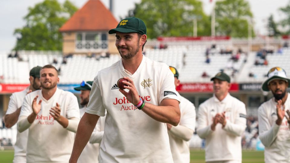 Josh Tongue walks off after taking a five-wicket haul