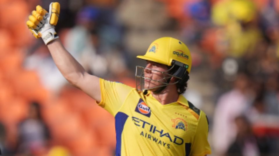 Dewald Brevis gives a thumbs up after registering a 19-ball fifty