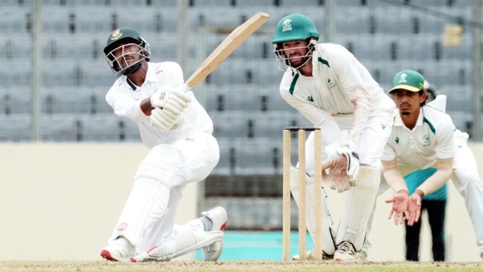 Ripon Mondol plays a shot against South Africa Emerging