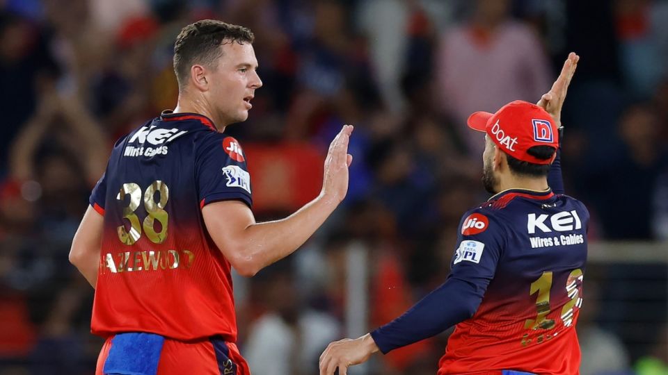 Josh Hazlewood celebrates a wicket with Virat Kohli