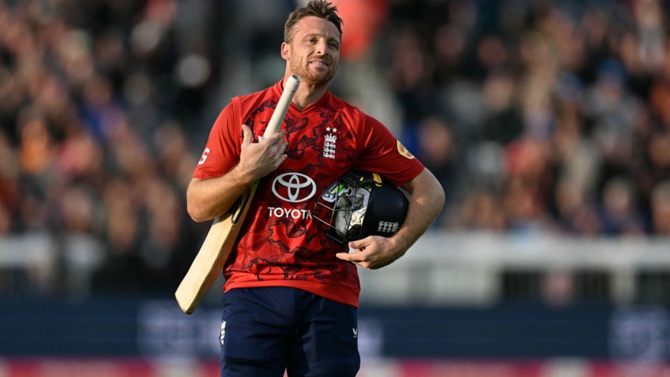 Jos Buttler walks off after being dismissed for 96