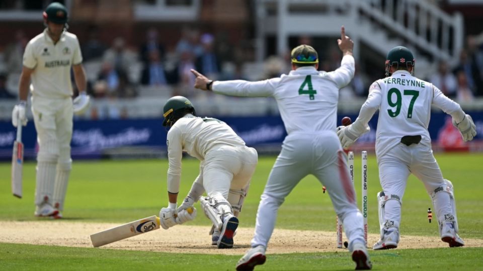 Alex Carey loses his stumps to Keshav Maharaj attempting a reverse sweep