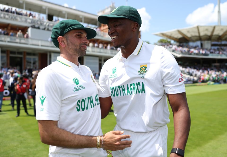 An emotional Keshav Maharaj celebrates the win with Lungi Ngidi