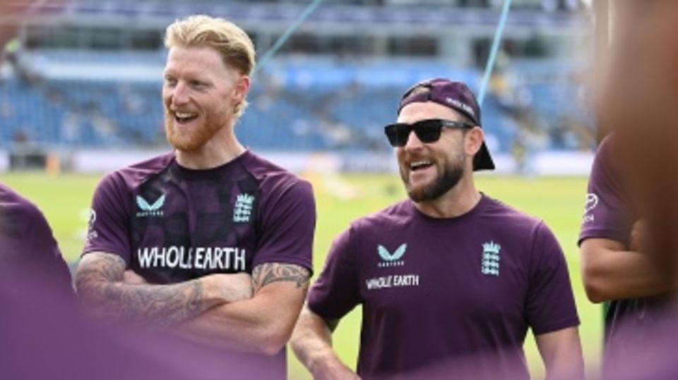 Ben Stokes and Brendon McCullum share a laugh before the toss
