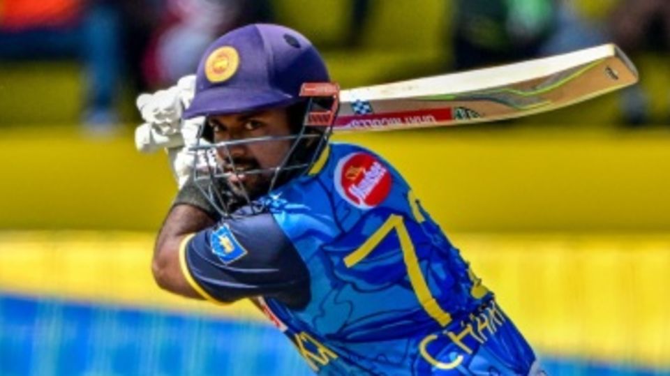 Charith Asalanka lashes the ball behind square on the off side