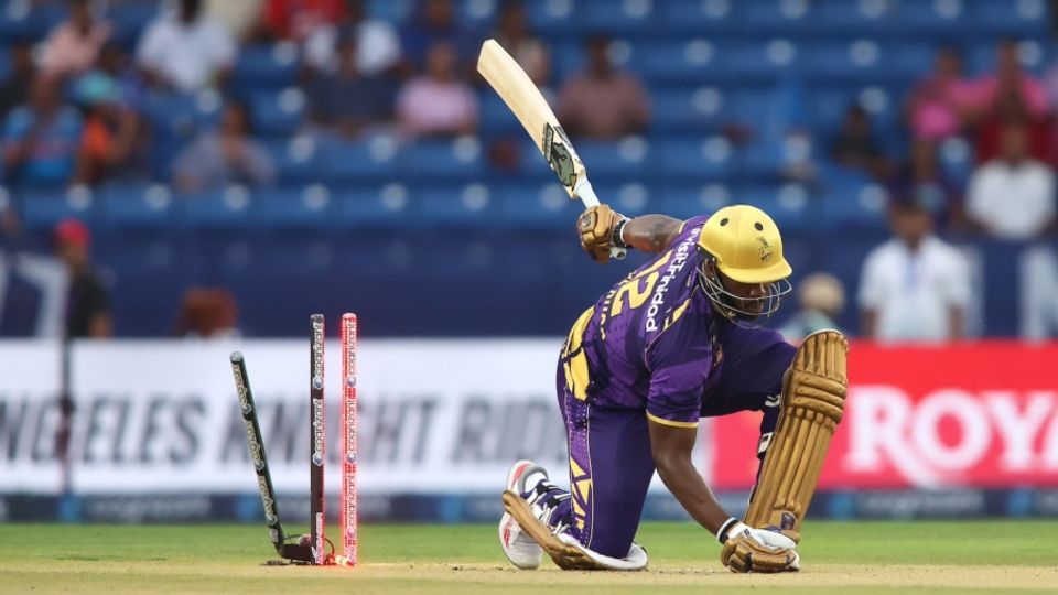Andre Russell loses his stumps to Trent Boult, who picked up a wicket in each of his first three overs