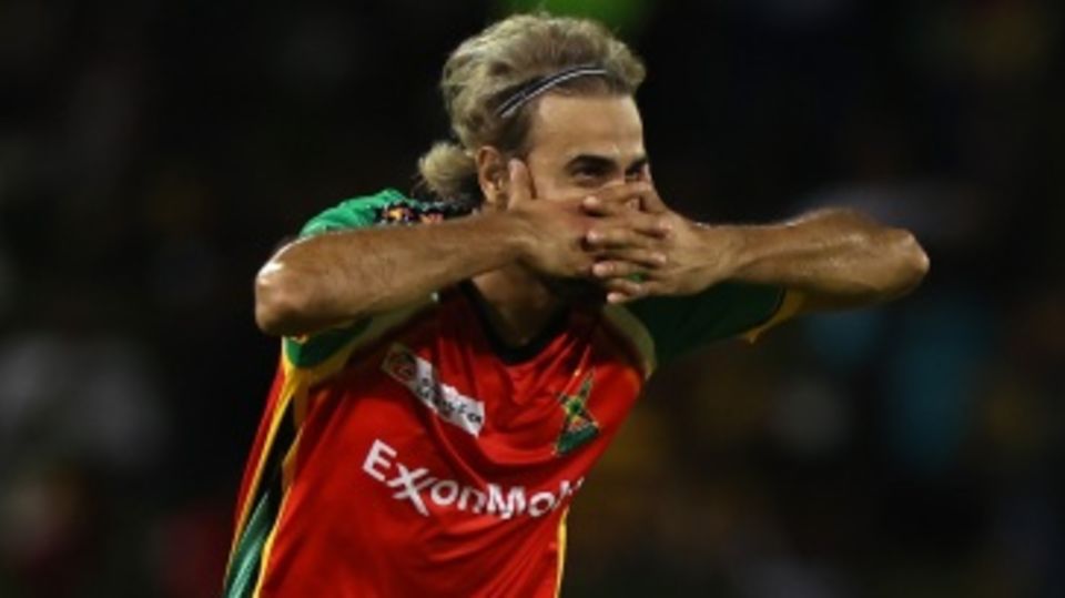 Imran Tahir celebrates getting the wicket of William Clark