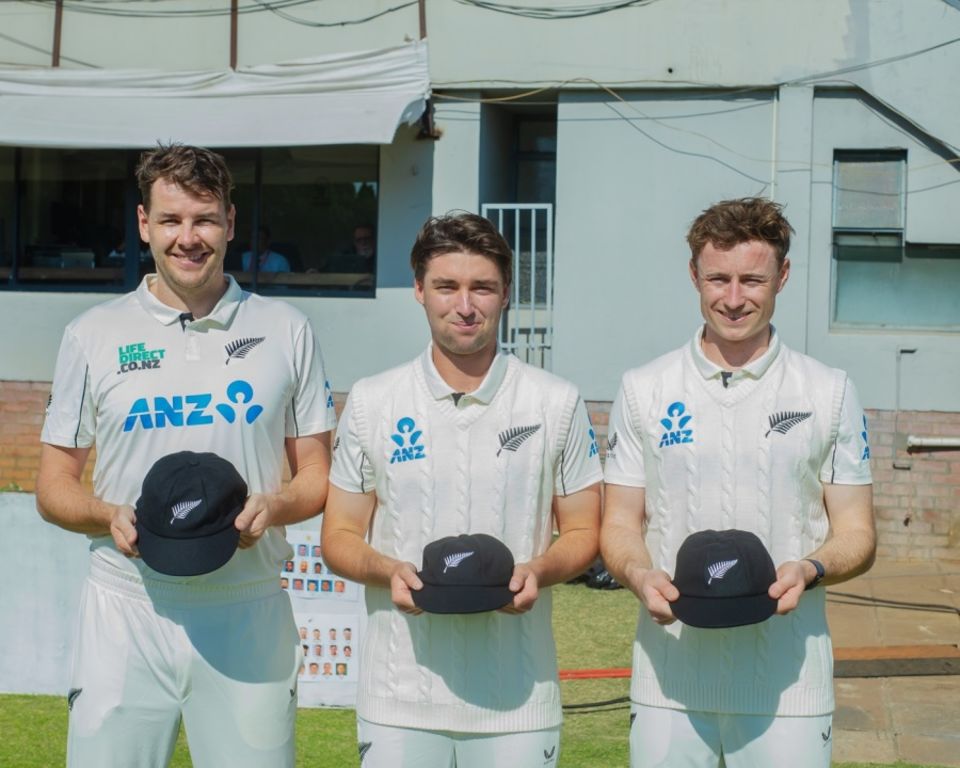 Fisher (rightmost) made his Test debut alongside Jacob Duffy (leftmost) and Zak Foulkes against Zimbabwe in August 2025