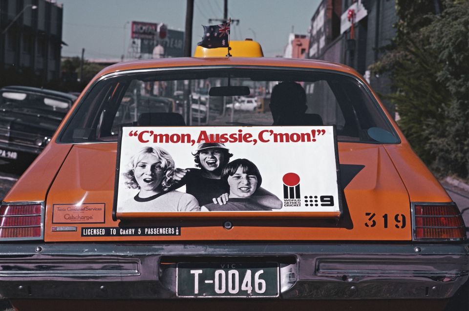 A Melbourne taxi sports an ad for World Series Cricket, ahead of the Supertests final in 1979. Packer's tournament caught on with Australian cricket fans at large that season