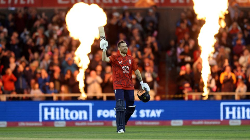Phil Salt celebrates his fourth T20 international hundred