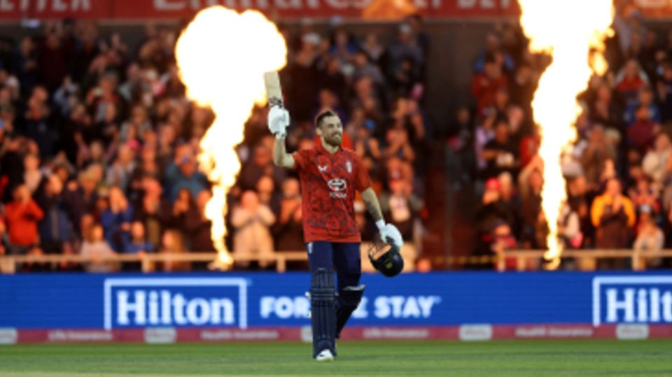 Phil Salt celebrates his fourth T20 international hundred
