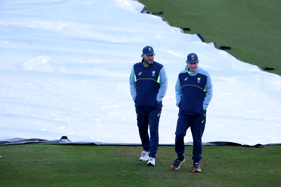 Head coach Andrew McDonald (right) will oversee Australia's pace transition alongside assistant coach Daniel Vettori (left) and bowling coach James Franklin