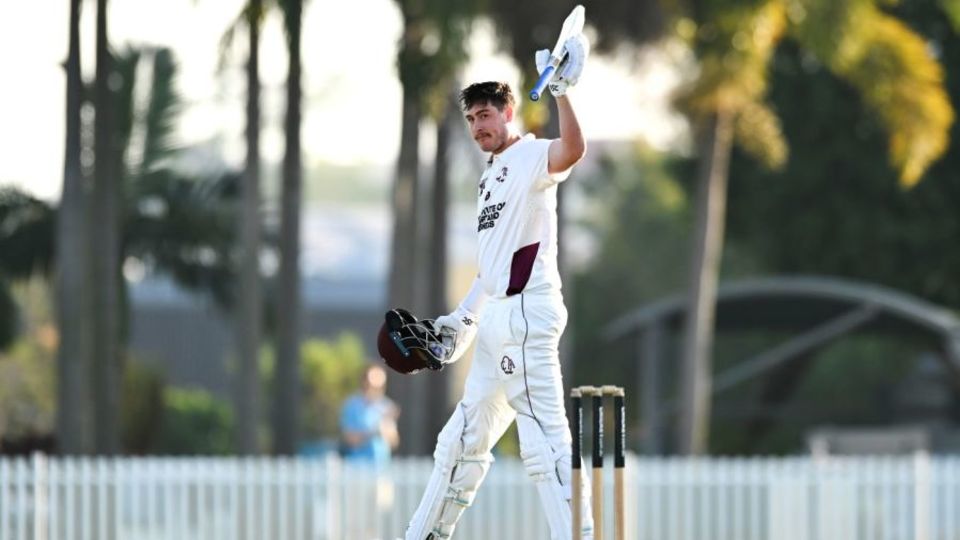 Matthew Renshaw celebrates his century